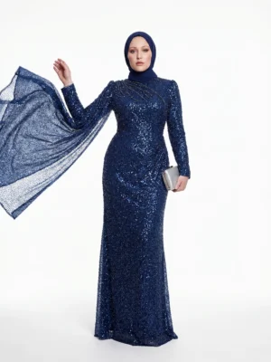 DELPHINIUM Midnight Blue Sequin Draped Gown